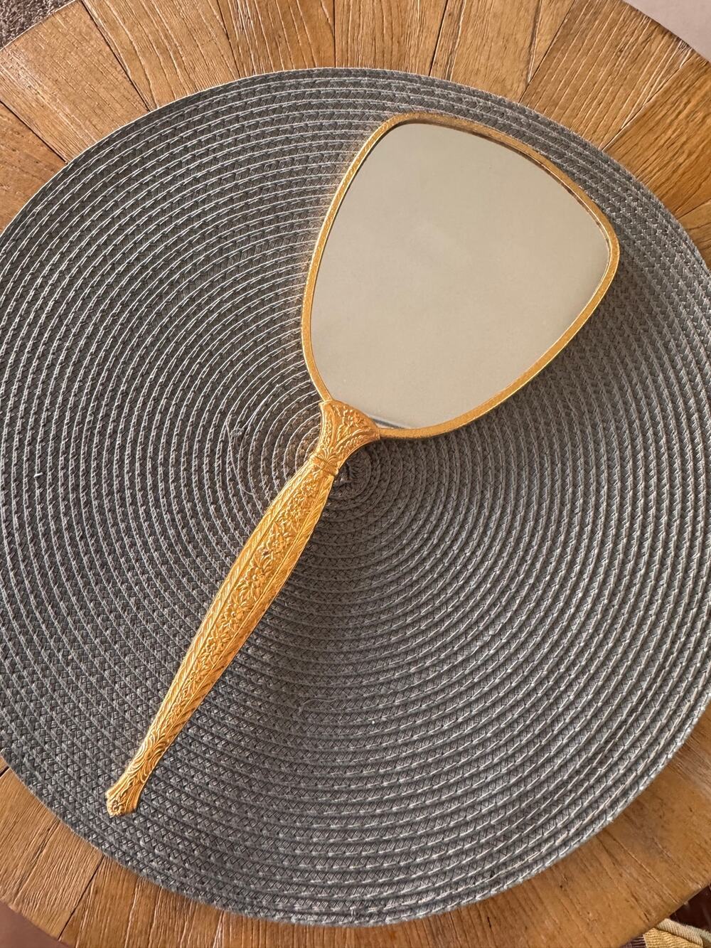 Vintage HAND MIRROR 13" Long Ornate Gold Floral Design 1950's